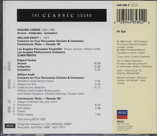 Edgard Varèse, William Kraft / Los Angeles Philharmonic Orchestra, Zubin Mehta : Arcana, Integrales, Ionisation / Contextures / Concerto For Percussion (CD, Comp, RE, RM)