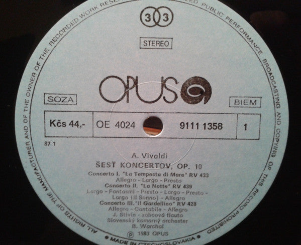 Bohdan Warchal, Slovak Chamber Orchestra, Jiří Stivín / Antonio Vivaldi : Six Concertos, Op. 10 (LP)