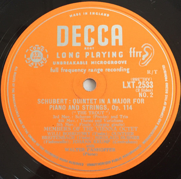 Franz Schubert, Mitglieder Des Wiener Oktetts, Walter Panhoffer : Piano Quintet In A Major Op. 114 (The Trout) (LP, Mono, RE)