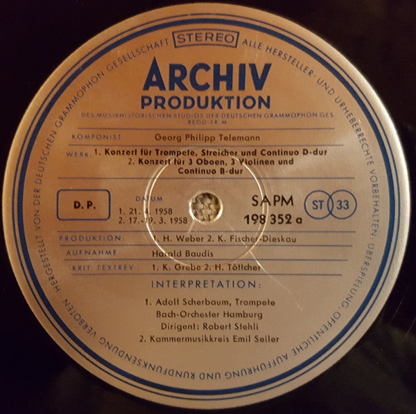 Georg Philipp Telemann : Konzert Für Trompete, Streicher Und Continuo D-Dur - Konzert Für 3 Oboen, 3 Violinen Und Continuo B-Dur - Konzert Für Blockflöte, Querflöte, Streicher Und Continuo E-Moll - Quartett Für Blockflöte, Oboe, Violine Und Continuo G-Dur (LP)