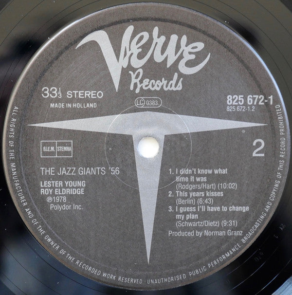 Lester Young, Teddy Wilson, Roy Eldridge, Vic Dickenson, Jo Jones, Freddie Green, Gene Ramey : The Jazz Giants '56 (LP, Album, Mono, RE)