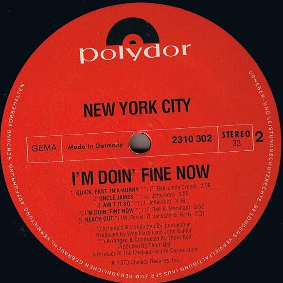 New York City : I'm Doin' Fine Now (LP, Album)