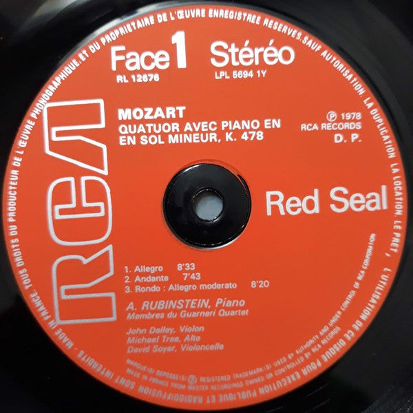 Wolfgang Amadeus Mozart, Arthur Rubinstein, Guarneri Quartet : Les Quatuors Avec Piano K.478 & 493 (LP, Gat)