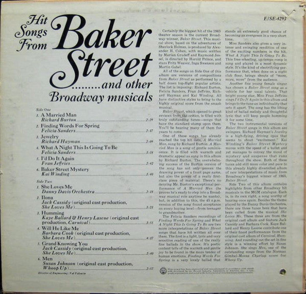 Various : Hit Songs From Baker Street ......... And Other Broadway Musicals (LP, Album, Mono)