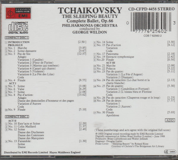 Pyotr Ilyich Tchaikovsky – Philharmonia Orchestra, George Weldon : The Sleeping Beauty – Complete Ballet, Op. 66 (2xCD, Album, RM)