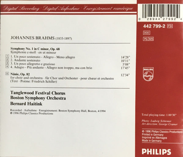 Johannes Brahms, Boston Symphony Orchestra, Tanglewood Festival Chorus, Bernard Haitink : Symphony No. 1 / Nänie (CD, Album)