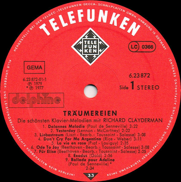 Richard Clayderman : Träumereien • Die Schönsten Klavier-Melodien Mit Richard Clayderman (LP, Album, Gat)