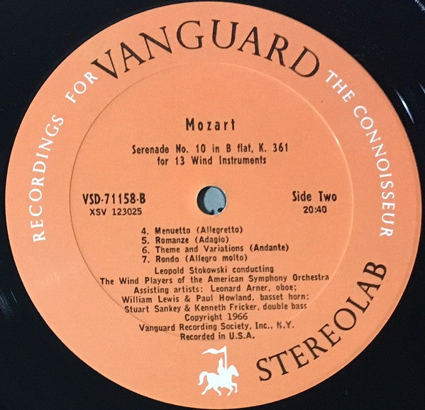 Wolfgang Amadeus Mozart, Leopold Stokowski Conducting The Wind Players Of The American Symphony Orchestra : Serenade For 13 Wind Instruments In B Flat Major, K361 (LP)