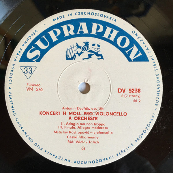 Antonín Dvořák, Mstislav Rostropovich – The Czech Philharmonic Orchestra, Václav Talich : Koncert H-moll Pro Violoncello A Orchestr Op. 104 (LP, Mono, RP)