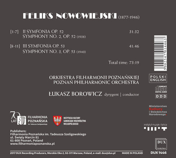 Feliks Nowowiejski, Poznań Philharmonic Orchestra, Łukasz Borowicz : Symphonies: II, III (CD, Album)
