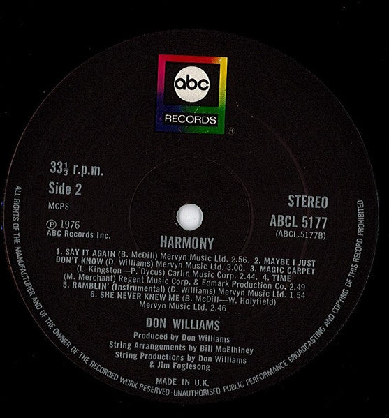 Don Williams (2) : Harmony (LP, Album)