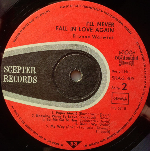 Dionne Warwick : I'll Never Fall In Love Again (LP, Album)