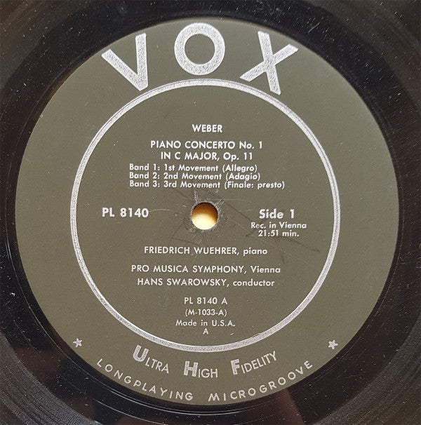 Carl Maria Von Weber, Friedrich Wührer, Vienna Pro Musica Orchestra, Hans Swarowsky : Piano Concertos / No. 1 In C Major, Op. 11 No. 2 In E Flat Major, Op. 32 (LP, Mono)