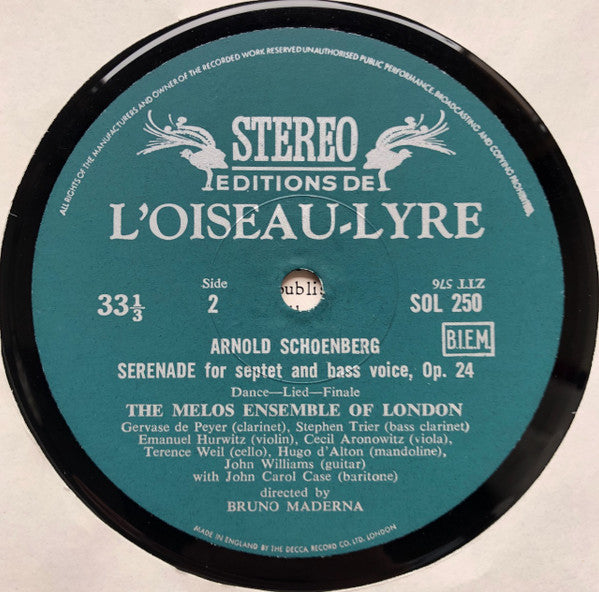 Arnold Schoenberg / Melos Ensemble Of London Conducted By Bruno Maderna : Serenade For Septet And Bass Voice (LP, RE)