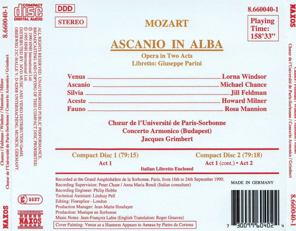 Wolfgang Amadeus Mozart - Michael Chance • Jill Feldman • Lorna Windsor • Rosa Mannion • Howard Milner • Chœur De L'Université De Paris-Sorbonne • Concerto Armonico • Jacques Grimbert : Ascanio In Alba (2xCD, Album)