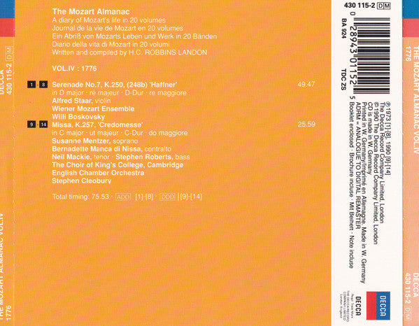 Wolfgang Amadeus Mozart : The Mozart Almanac Vol. IV 1776 - 'Haffner Serenade' K.250 / Credomesse K.257 (CD, Comp, RE, RM)