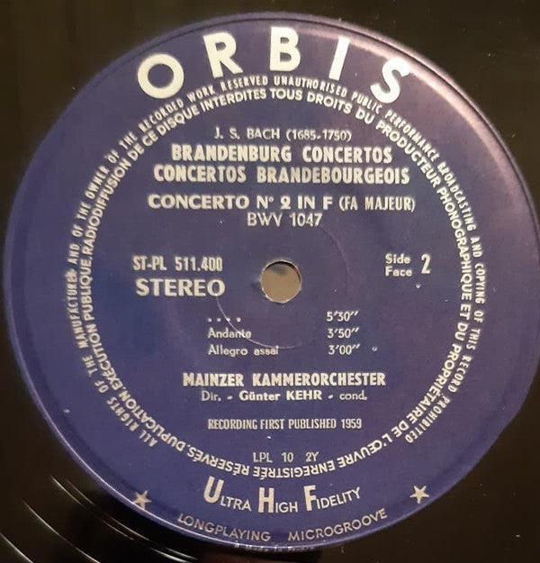 Johann Sebastian Bach, Mainzer Kammerorchester, Günter Kehr : Brandenburg Concertos Nos 1 & 2 In F (LP)