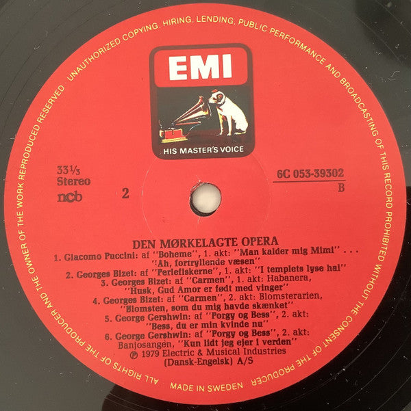 Various : Den Mørkelagte Opera (Kongelige Operasangere I Besættelsestidens Repertoire, Maskarade, Marie Grubbe, Drot Og Marsk, Elverhøj, Bohéme, Perlefiskerne, Carmen, Porgy Og Bess) (LP)