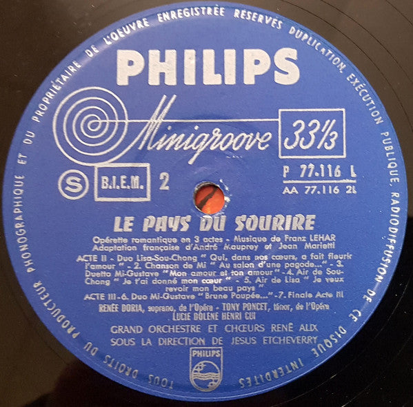Franz Lehár / Tony Poncet, Renée Doria, Henri Gui, Lucie Dolène - Grand Orchestre René Alix Et Chœurs René Alix , Direction Jésus Etcheverry : Le Pays Du Sourire (Opérette Romantique En 3 Actes) (LP, Album, RP)