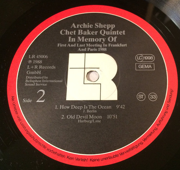 Archie Shepp - Chet Baker Quintet : In Memory Of (First And Last Meeting In Frankfurt And Paris 1988) (LP, Album)