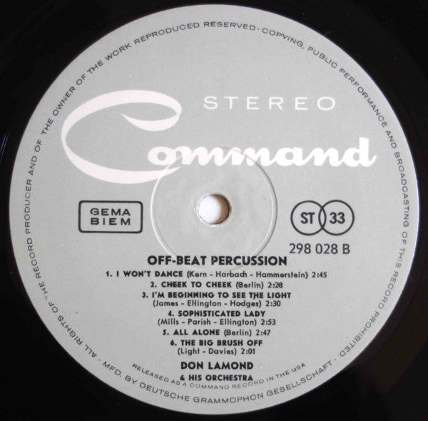 Don Lamond And His Orchestra : Off Beat Percussion (LP, Album)