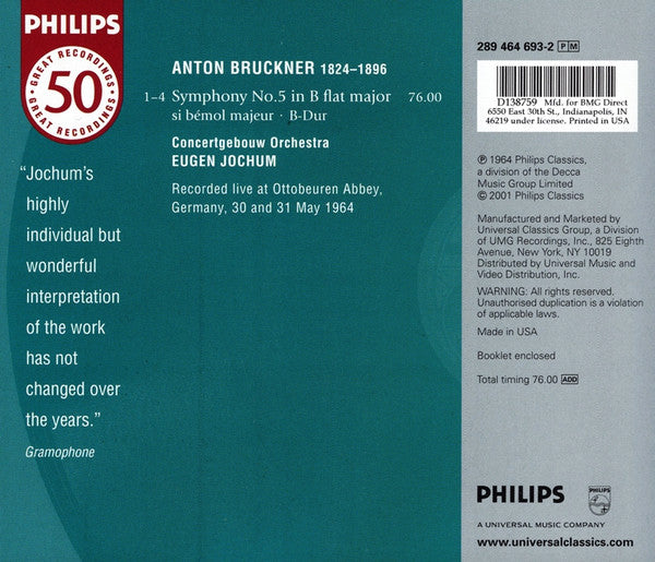 Anton Bruckner, Concertgebouworkest, Eugen Jochum : Symphony No. 5 (CD, Album, Club, RE, RM)