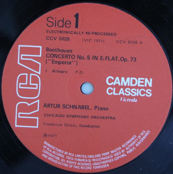 Ludwig van Beethoven, Artur Schnabel, Chicago Symphony Orchestra, Frederick Stock : Piano Concerto No. 5 In E Flat 'Emperor' (LP, RE)
