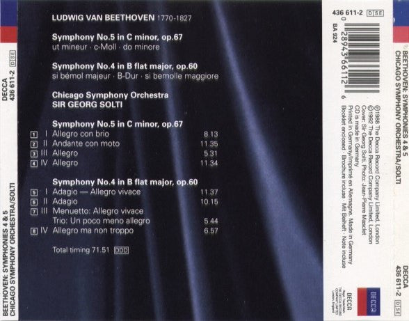Chicago Symphony Orchestra / Georg Solti, Ludwig van Beethoven : Symphonies 4 & 5 (CD, Album, RE)