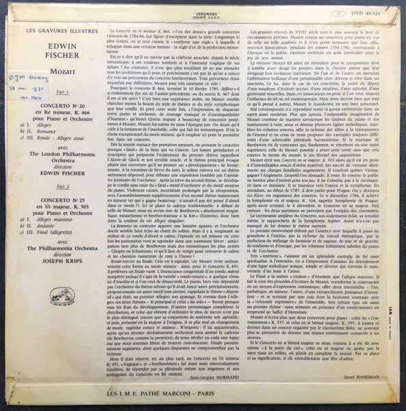 Wolfgang Amadeus Mozart - Edwin Fischer, Josef Krips, London Philharmonic Orchestra / Philharmonia Orchestra : Concertos Pour Piano N° 20 & 25 (LP, Comp, Mono)