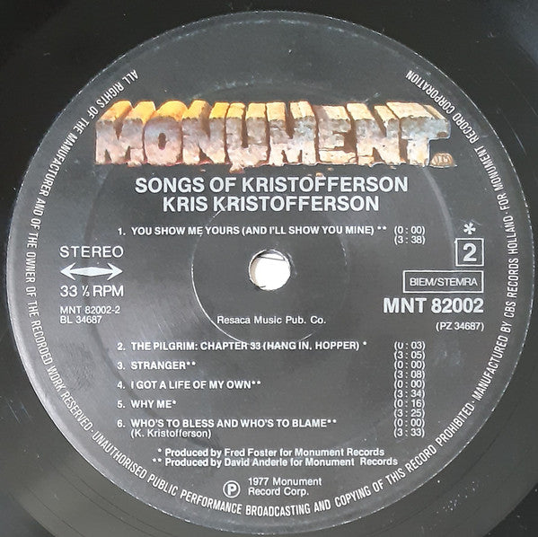 Kris Kristofferson : Songs Of Kristofferson (LP, Comp, Bla)