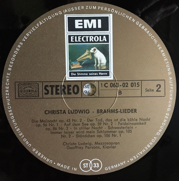 Johannes Brahms - Christa Ludwig, Geoffrey Parsons (2) : Lieder (LP)