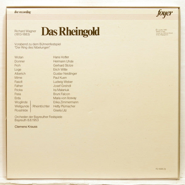 Richard Wagner, Clemens Krauss, Orchester der Bayreuther Festspiele, Hans Hotter, Hermann Uhde, Gerhard Stolze, Erich Witte : Das Rheingold (3xLP, Mono + Box, Mono)