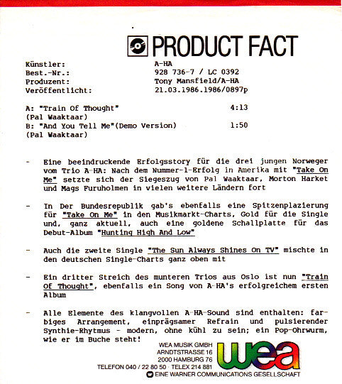 a-ha : Train Of Thought (7", Single)