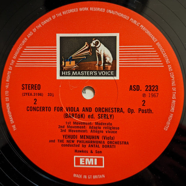 Béla Bartók, Yehudi Menuhin, Antal Dorati, New Philharmonia Orchestra : Violin Concerto No. 1 (1908) / Viola Concerto (1945) (LP, RE)