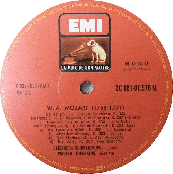 Elisabeth Schwarzkopf, Walter Gieseking - Wolfgang Amadeus Mozart : Mélodies (LP, Mono)