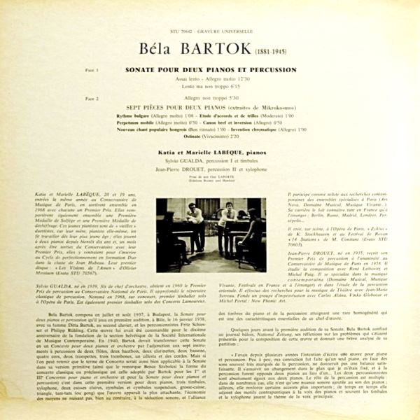 Béla Bartók - Katia Et Marielle Labèque, Sylvio Gualda & Jean-Pierre Drouet : Sonate Pour Deux Pianos & Percussion / Sept Pièces Pour Deux Pianos Extraites De Mikrokosmos (LP, Album, Gat)