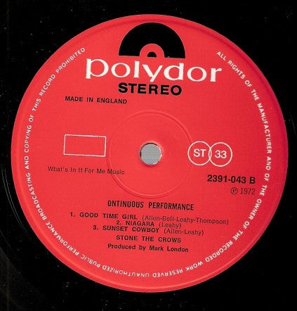 Stone The Crows : Ontinuous Performance (LP, Album)