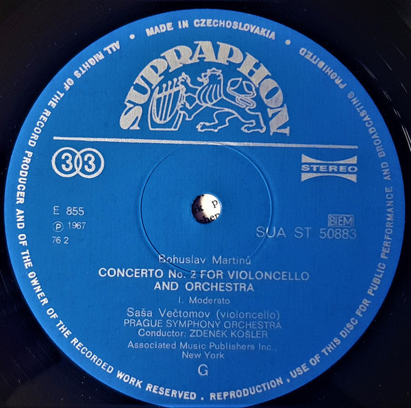 Bohuslav Martinů, Saša Večtomov, The Prague Symphony Orchestra, Zdeněk Košler : Cello Concerto No. 2 (LP, RP)