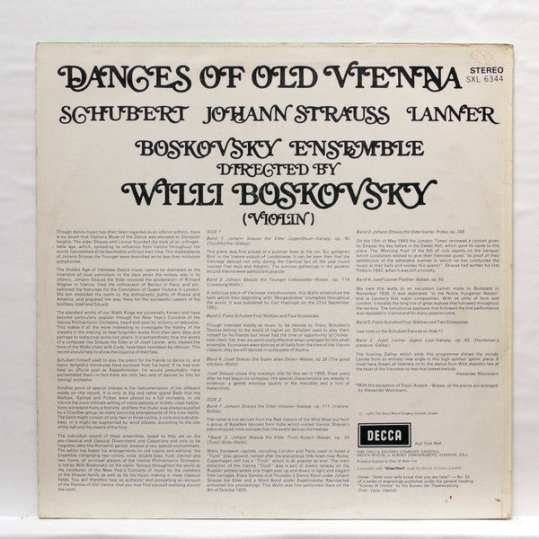 Franz Schubert, Johann Strauss Sr., Josef Lanner, The Boskovsky Ensemble Directed By Willi Boskovsky : Dances Of Old Vienna (LP, RP)