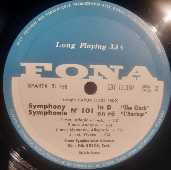 Joseph Haydn / Ludwig van Beethoven - Wiener Symphoniker, Fritz Busch : Symphony No. 101 "The Clock" / Symphony N° 8 (LP, Album)