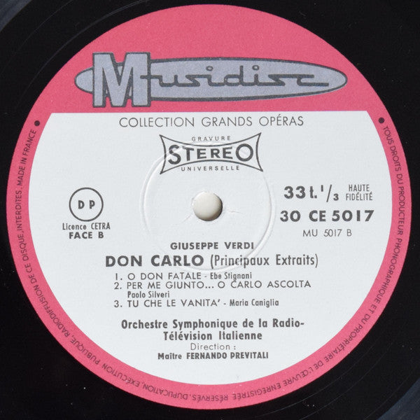 Giuseppe Verdi, Orchestre Symphonique de la Radio Television Italienne, Fernando Previtali, Mirto Picchi, Ebe Stignani, Nicola Rossi-Lemeni, Paolo Silveri, Maria Caniglia : Don Carlo (LP, Album)