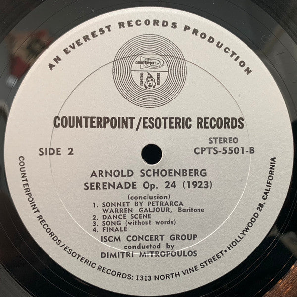 Arnold Schoenberg - Dimitri Mitropoulos, ISCM Concert Group : Serenade Op. 24 (1923) For Septet And Baritone Voice (LP, Album, RE)