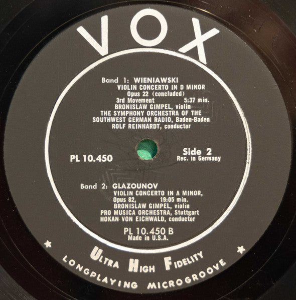 Bronislaw Gimpel, Niccolò Paganini, Henryk Wieniawski, Alexander Glazunov : Violin Concerto, D Major, Op. 6 / Violin Concerto, No. 2, D Minor, Op. 22 / Violin Concerto, A Minor, Op. 82 (LP, Comp, Mono)