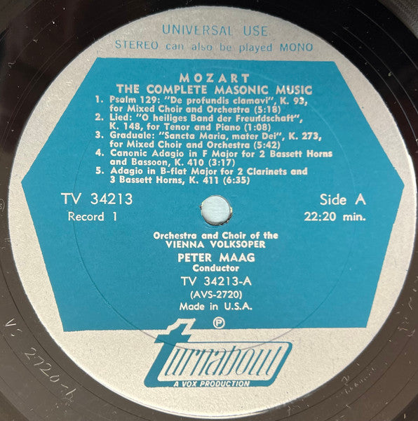 Wolfgang Amadeus Mozart - Peter Maag Conducting Wiener Volksopernorchester : Complete Masonic Music (2xLP, Album, Gat)