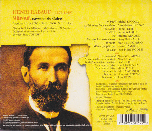 Henri Rabaud - Michel Lecocq, Anne-Marie Blanzat, Franz Petri, Jésus Etcheverry : Marouf - Savetier Du Caire (Opéra En 5 Actes) (2xCD)