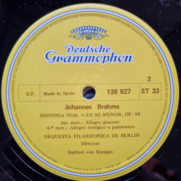 Johannes Brahms, Berliner Philharmoniker, Herbert von Karajan : Sinfonía Núm. 4 En Mi Menor, Op. 98 (LP)