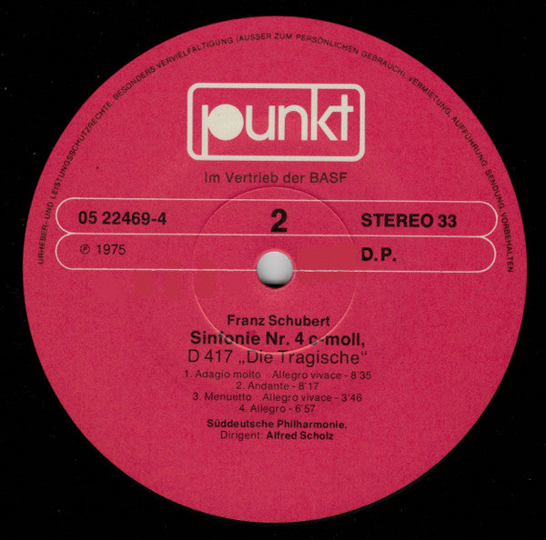 Franz Schubert, Süddeutsche Philharmonie, Carlo Pantelli, Alfred Scholz : Die Unvollendete Sinfonie Nr. 8 H-moll, Op. Posth. D 759 / Die Tragische Sinfonie Nr. 4 C-moll, D 417 (LP)