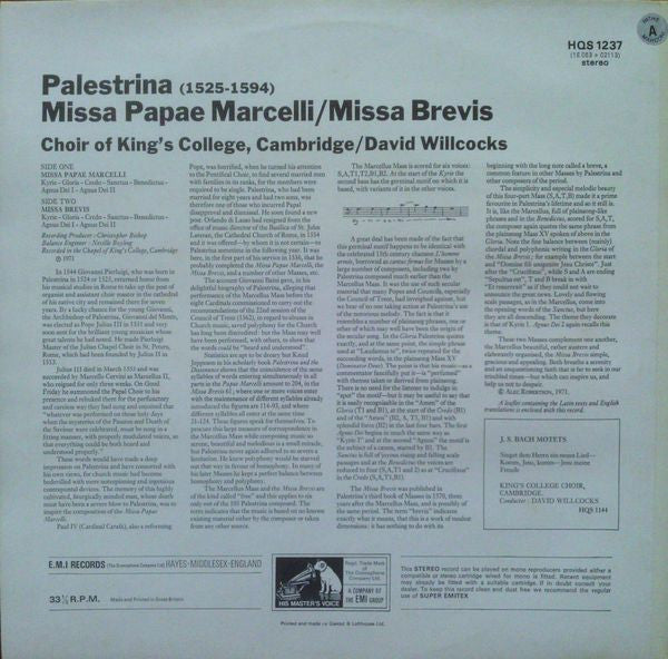 Giovanni Pierluigi da Palestrina - The King's College Choir Of Cambridge, David Willcocks : Missa Papae Marcelli / Missa Brevis (LP)