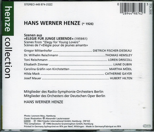 Hans Werner Henze - Dietrich Fischer-Dieskau • Loren Driscoll • Liane Dubin • Catherine Gayer : Szenen Aus »Elegie Für Junge Liebende« / Scenes From "Elegy For Young Lovers" (CD, Album, RE)