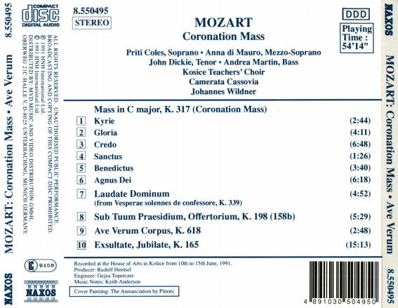 Wolfgang Amadeus Mozart, Priti Coles, Anna di Mauro, John Dickie, Andrea Martin (2), Kosice Teachers' Choir, Camerata Cassovia, Johannes Wildner : Coronation Mass (Laudate Dominum • Sub Tuum Praesidium • Ave Verum Corpus • Exsultate Jubilate) (CD, Album)